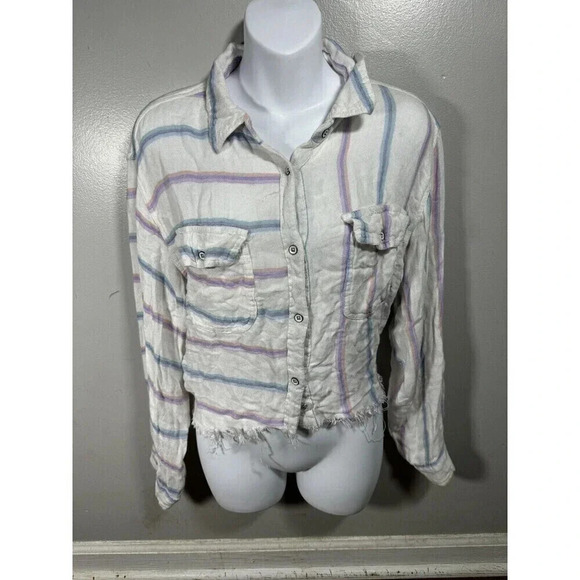 Vintage Havana Shirt Womens Medium Multi Stripes Collared Button Down Cropped - Picture 1 of 7